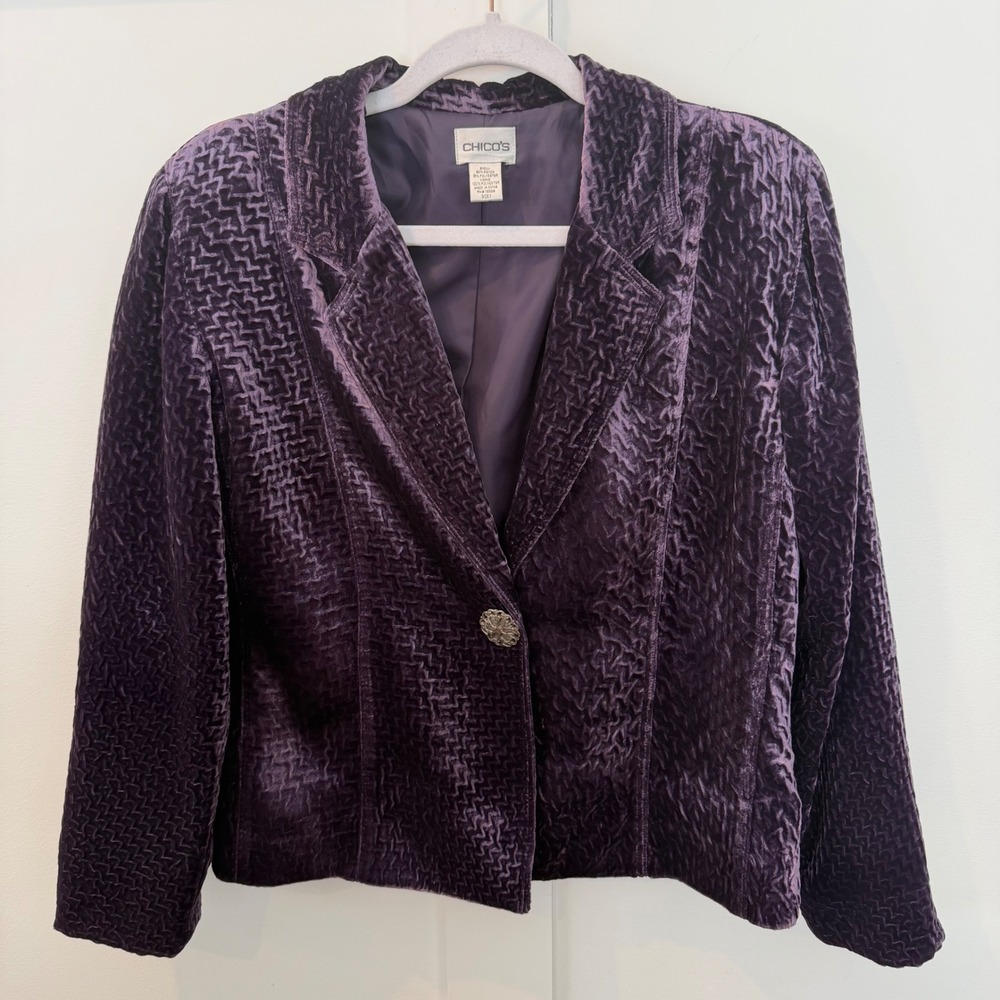 Chico's Purple Velour Blazer Jacket Textured Single Button Luxurious 1 Medium